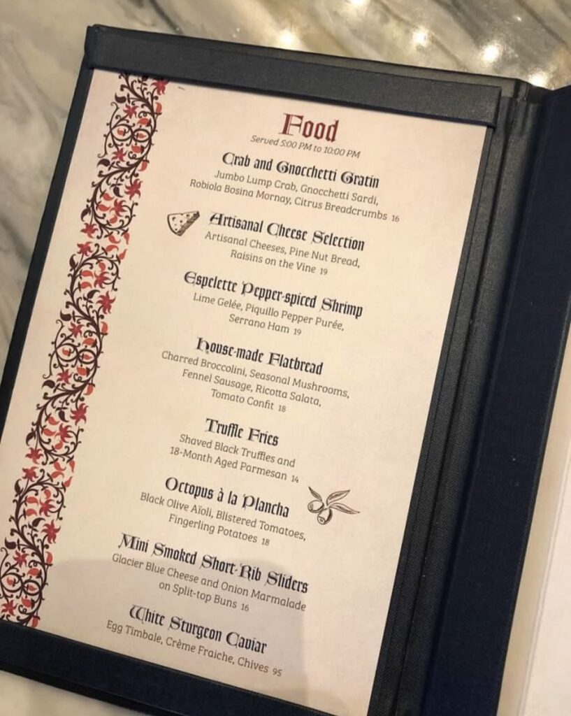 Disney's Grand Floridian Resort and Spa's Enchanted Rose Lounge menu